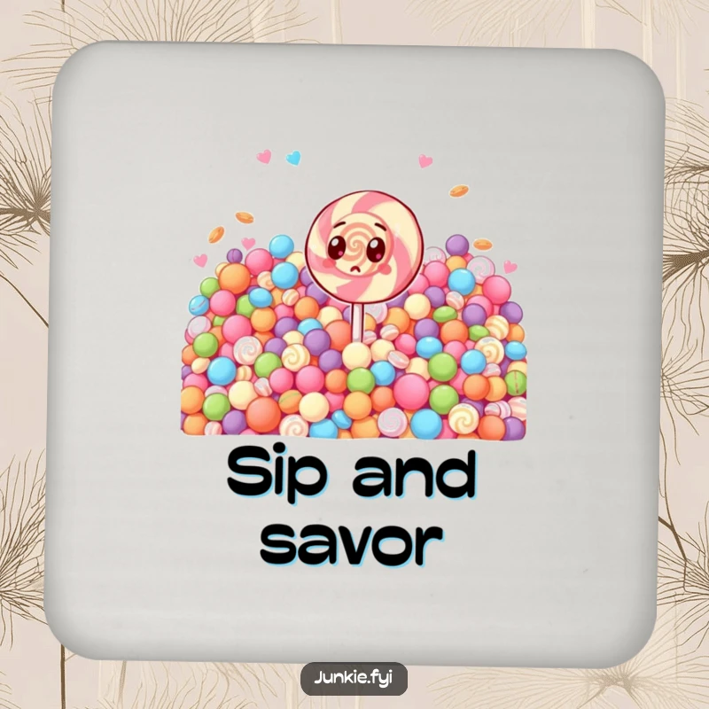 Funny drink coaster with a shocked lollipop character looking at a giant pile of candy. Protects surfaces with humor.