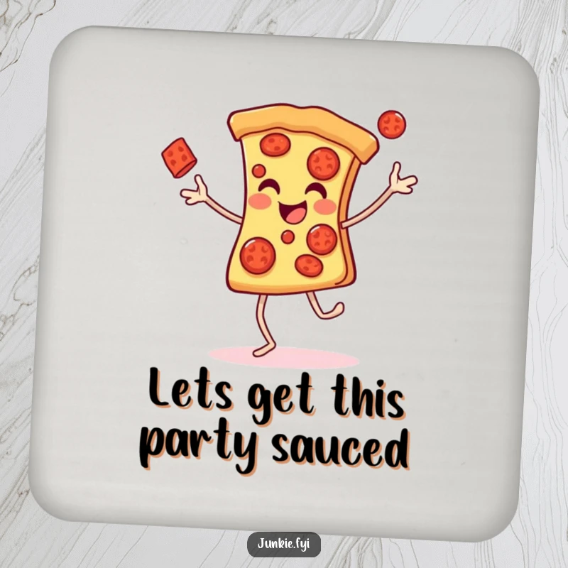 Funny Drink Coasters featuring a cheerful pizza slice with legs juggling pepperonis, adding humor to your drink station.