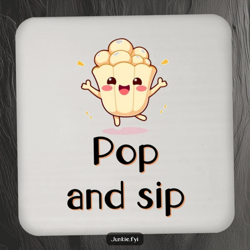 Funny Kawaii Popcorn Coasters: A cute anthropomorphic popcorn kernel bounces with excitement on these protective and funny drink coasters.