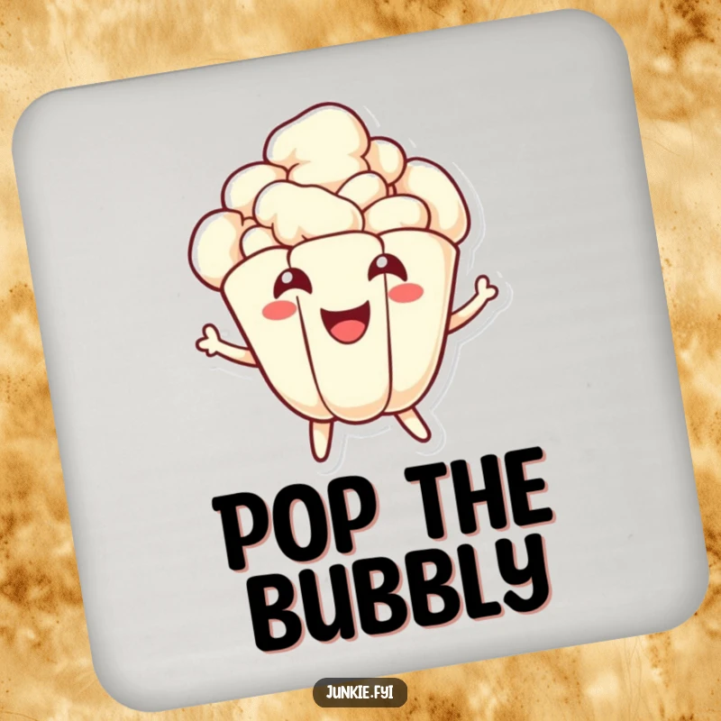 Funny popcorn coaster showcasing a joyful kernel character energetically popping with a wide smile, protecting tables with comical flair.