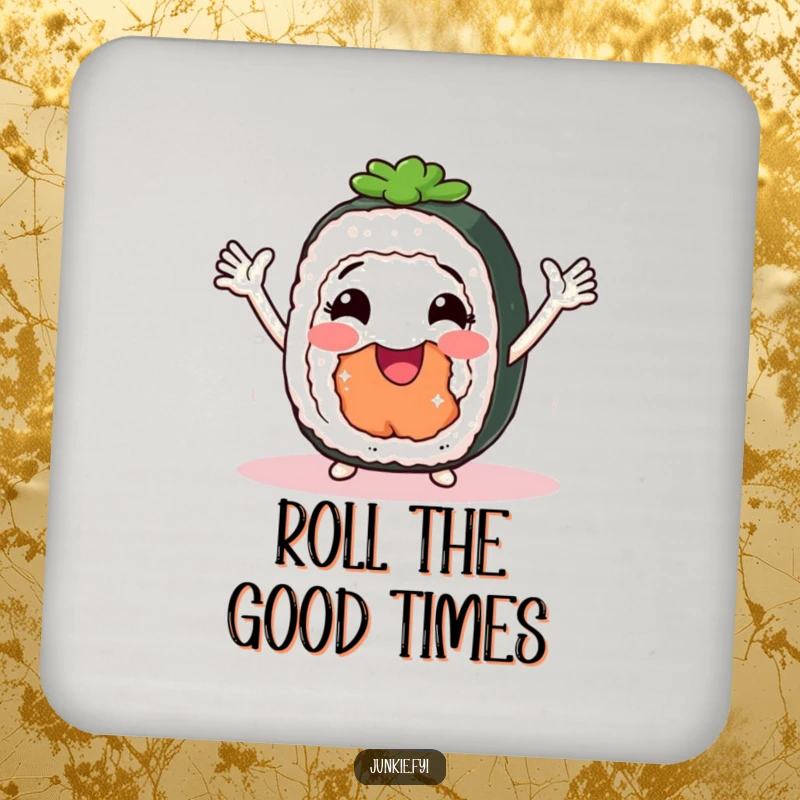 Funny Drink Coasters featuring a smiling sushi roll with arms doing a joyful shimmy, adding humor to your drink station.