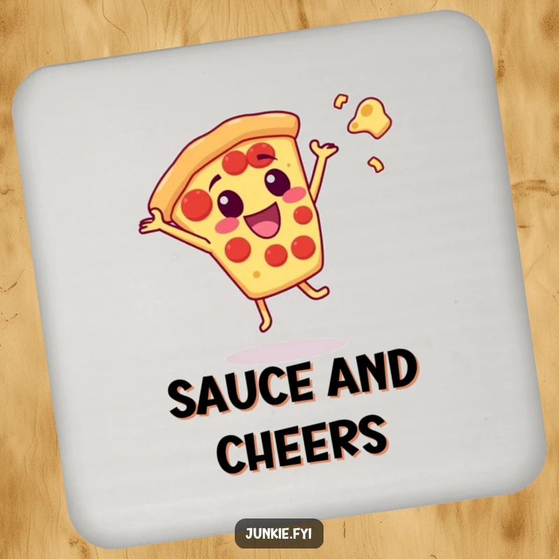 Funny pizza slice character doing a cartwheel with cheese flying, depicted on a drink coaster for surface protection.
