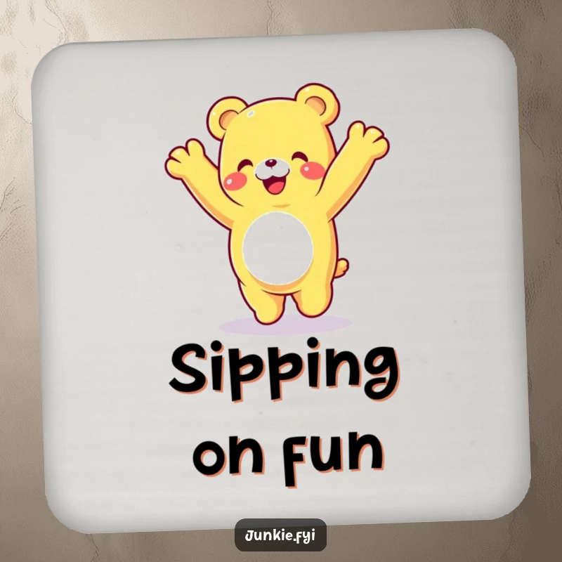 Funny gummy bear coasters, a happy character doing a cartwheel with a delighted expression, protecting surfaces with joy.