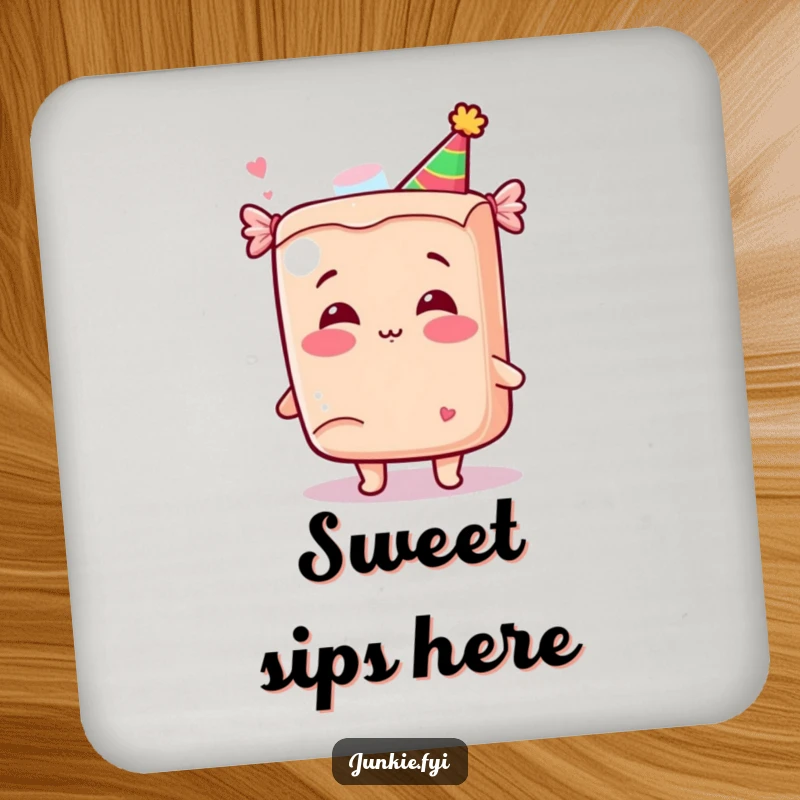 Funny Kawaii Candy Coasters: A giggling anthropomorphic candy bar in a party hat blows a kiss on these protective and funny drink coasters.