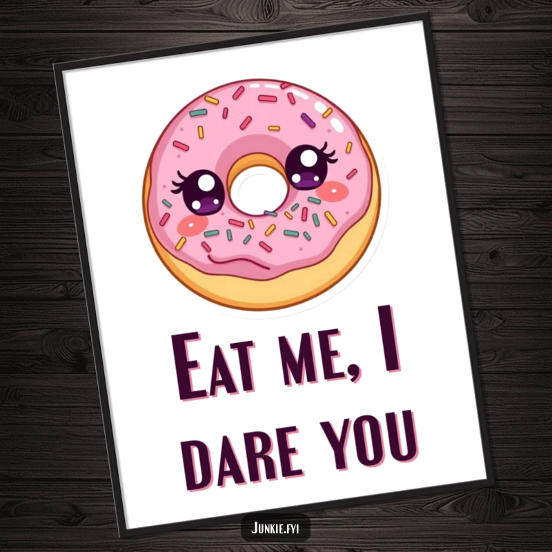 Funny poster showcasing a delighted donut with wide, excited eyes, happily stuffing its face with a mound of colorful sprinkles.