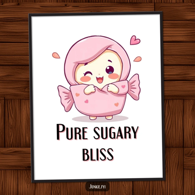 Funny Poster illustrating a candy bar character gleefully unwrapping its own wrapper, celebrating a moment of pure, sweet self-discovery.