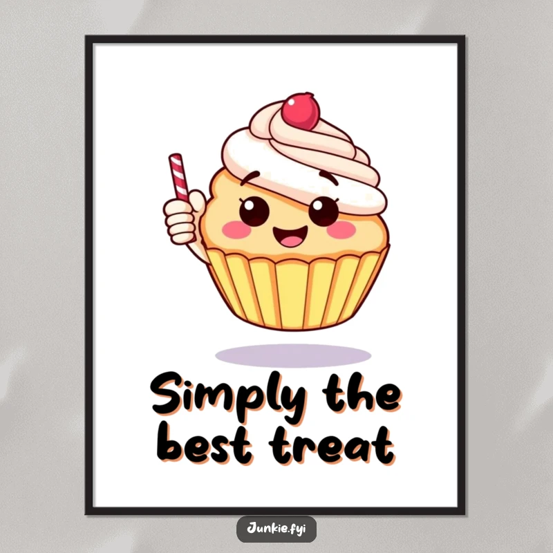 Funny poster of a cheerful, round cupcake giving a thumbs up with a candy stick, radiating positivity.