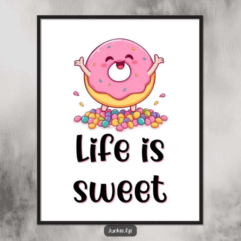Funny donut character gleefully bouncing small candies, presented as a sweet and humorous art print.