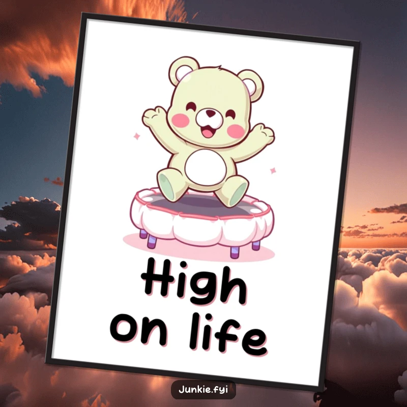 Funny poster art showing a happy gummy bear character enthusiastically bouncing on a soft marshmallow trampoline. Playful decor.