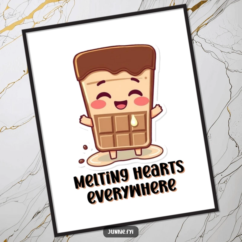 Funny poster art showing a happy chocolate bar character melting slightly from extreme excitement. Deliciously funny decor.