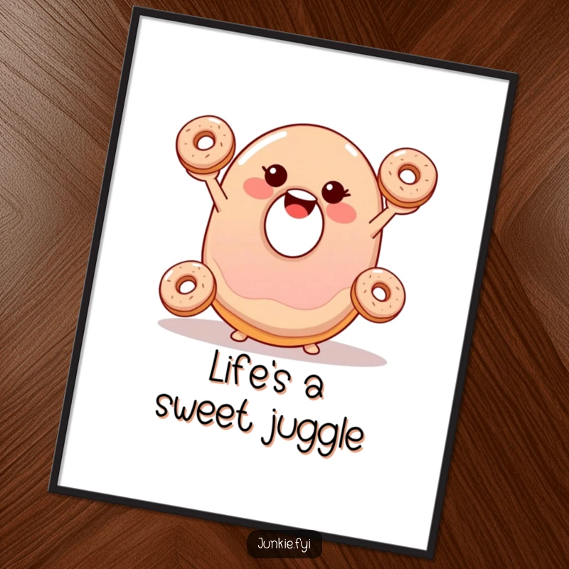 Funny poster of a smiling, wobbly jelly donut happily juggling three tiny donuts, a delightful piece of art.