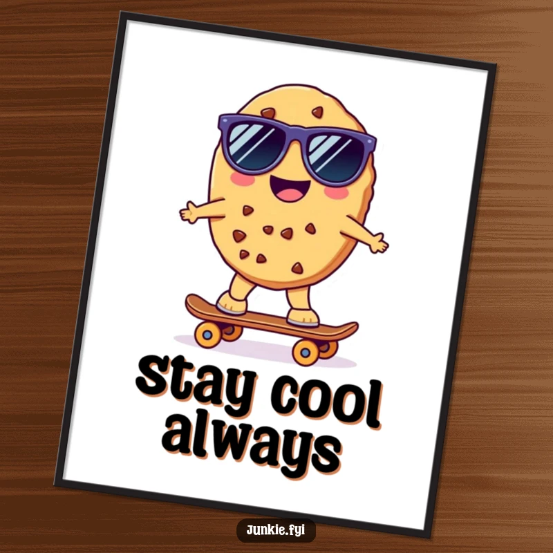 Funny Kawaii Skater Cookie Poster: A cheerful anthropomorphic cookie wearing sunglasses rides a tiny skateboard with effortless cool, a funny artwork.