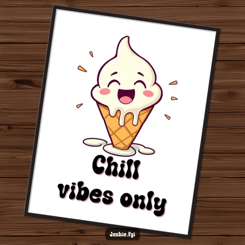 Funny Poster featuring a melting ice cream cone character with an expression of pure, blissful glee and happy abandon.