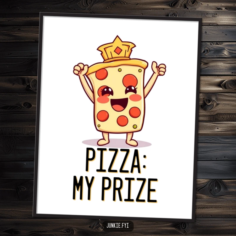 Funny Poster depicting a joyous pizza slice character holding a pepperoni as a trophy, celebrating delicious achievements in art form.