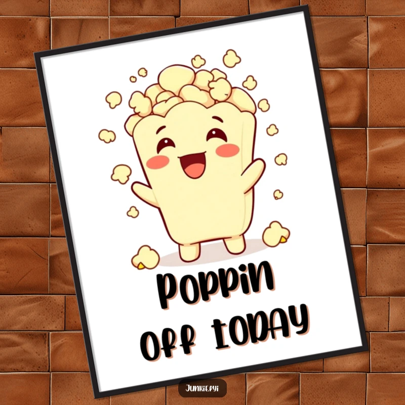 Funny popcorn character grinning while showering itself with popcorn, creating a humorous art print.