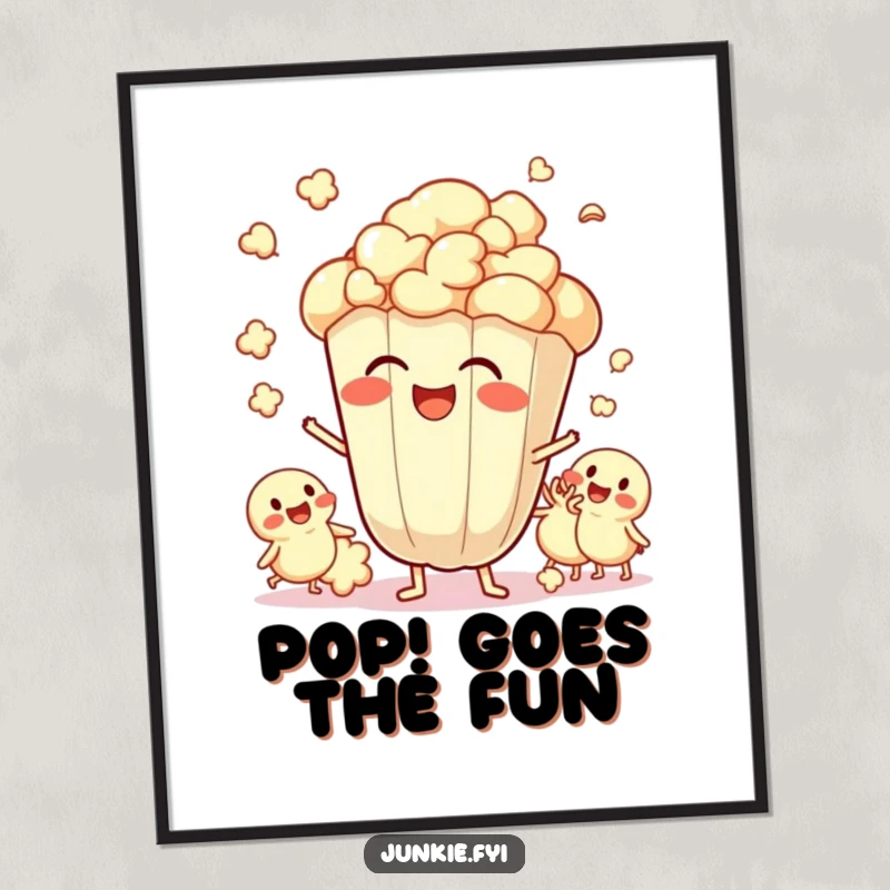 Funny Poster capturing a giggling popcorn kernel surrounded by its popping friends, celebrating a joyous and exciting gathering.