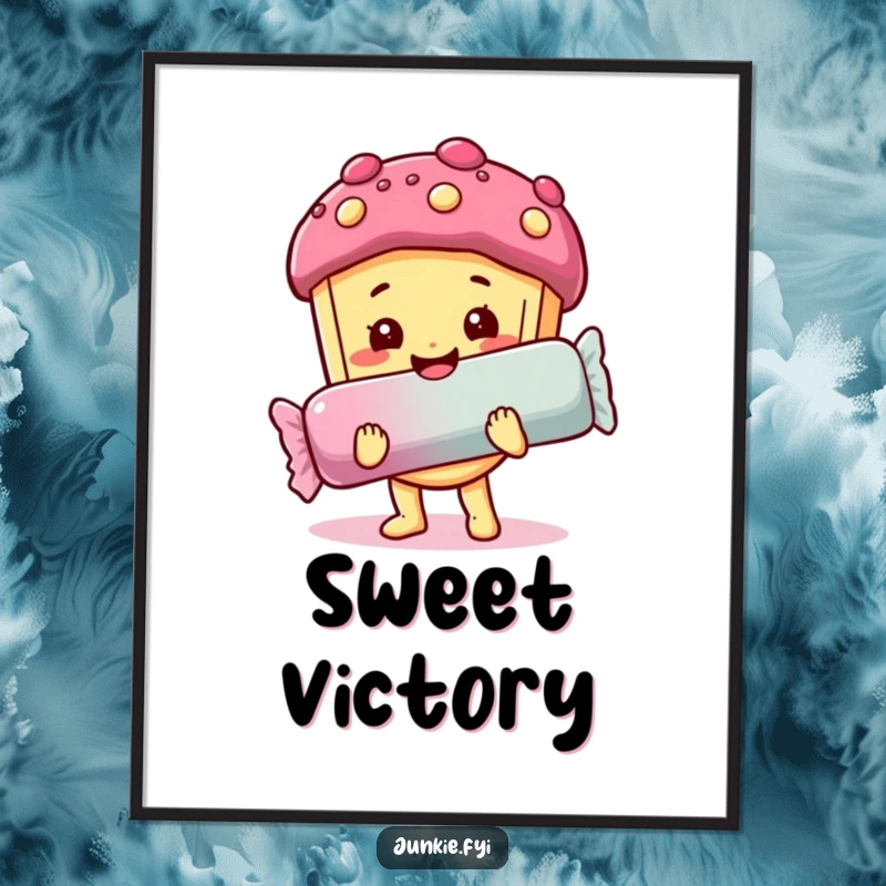 Funny poster: A food character with a sweet smile beams while holding a very large candy bar, representing pure joy.