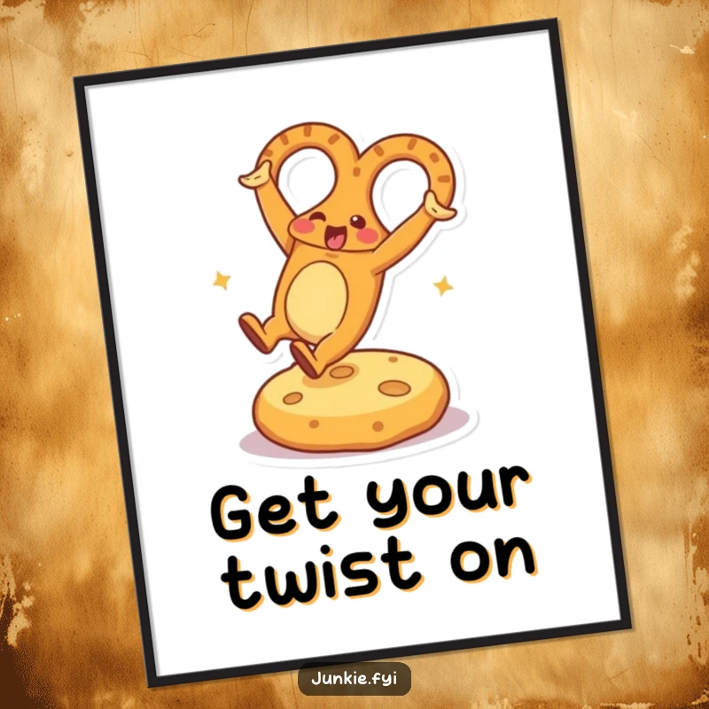 Funny Poster featuring an energetic pretzel character doing a joyful cartwheel on a vibrant cheese cushion, a whimsical piece of art.