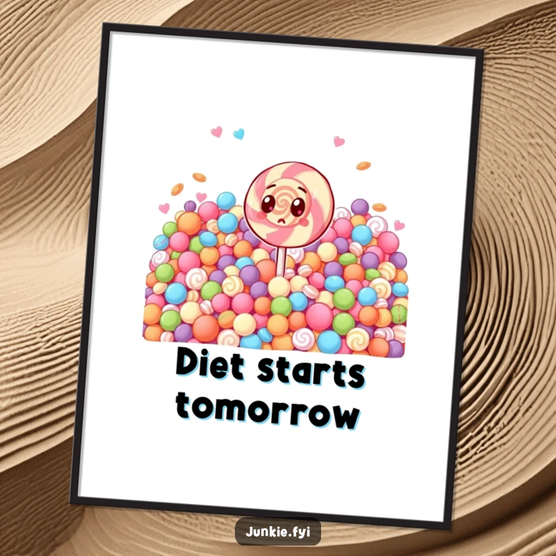 Funny poster print illustrating a wide-eyed lollipop character overwhelmed by a gigantic pile of candy. Hilarious sweet-themed decor.