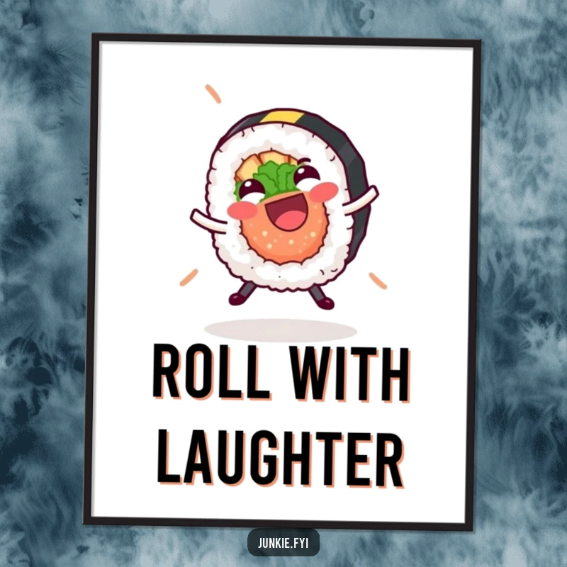 Funny sushi roll poster, joyfully doing a cartwheel motion with its nori strip, a whimsical piece of food art.