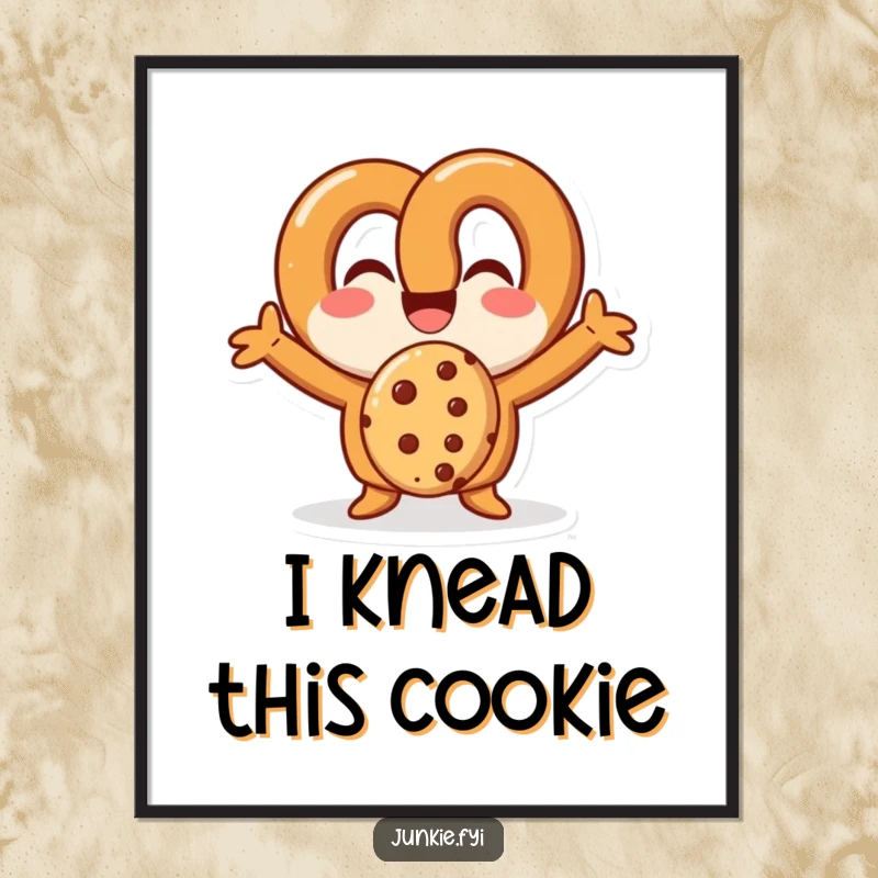Funny pretzel character, arms outstretched, gleefully eating a cookie, presented as a humorous art print.