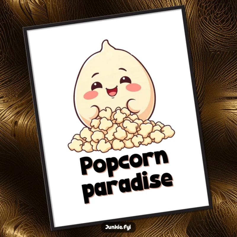 Funny Poster: A plump food character with a big, happy grin devours a large pile of fluffy popcorn.