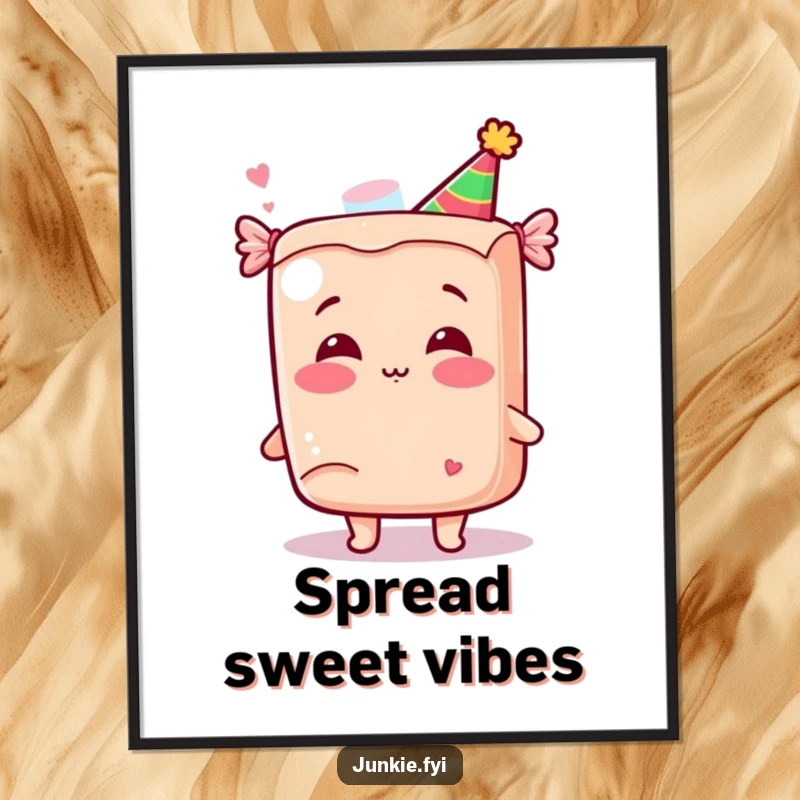 Funny Kawaii Candy Kiss Poster: A giggling anthropomorphic candy bar in a party hat blows a kiss, creating a fun and funny wall decoration.