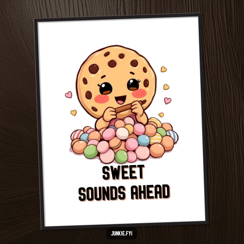 Funny poster illustrating a happy cookie charmer playing a miniature flute, serenading a delightful mound of colorful candies.