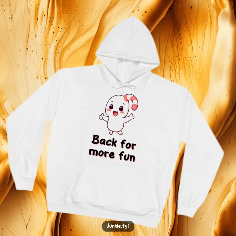 Funny candy cane character boomeranging back in a cozy hoodie, combining warmth with festive playfulness.
