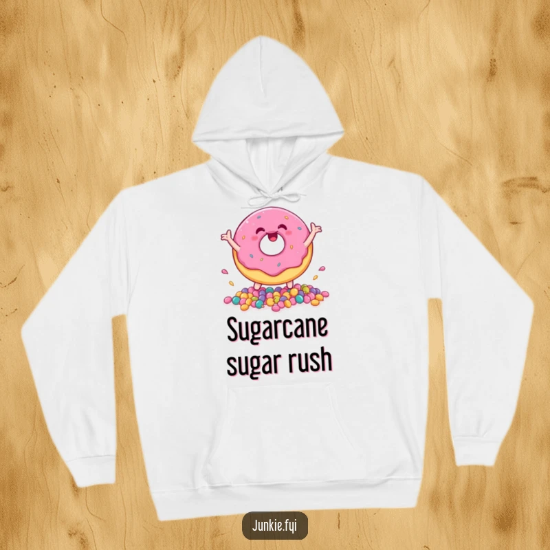 Cozy funny donut hoodie featuring a character happily playing with tiny candies, perfect for sweet comfort.
