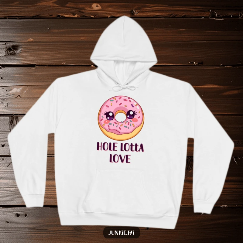 Funny hoodie featuring a delighted donut with wide eyes, gleefully stuffing its face with a rainbow of delicious sprinkles.