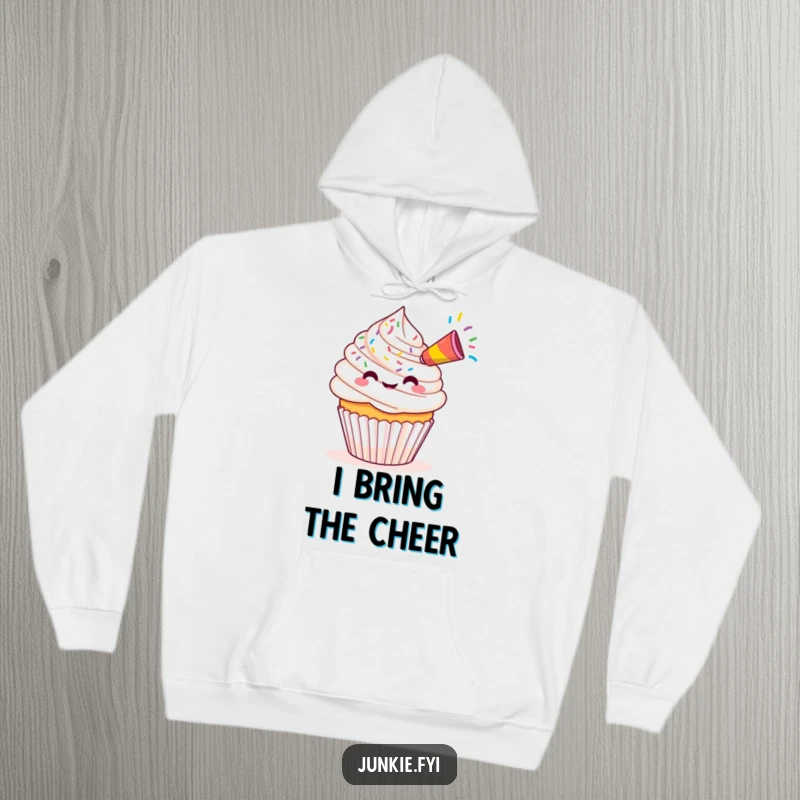 Funny Kawaii cupcake blowing colorful sprinkles from a party horn, featured on a soft and warm hoodie.