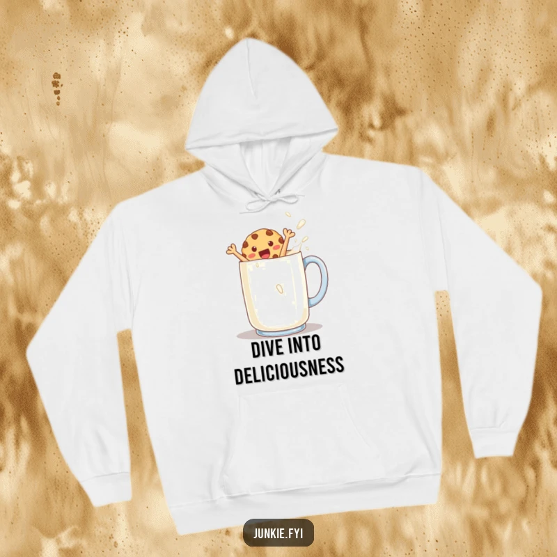 Funny cookie character energetically jumping into milk inside a hoodie, combining warmth with playful indulgence.