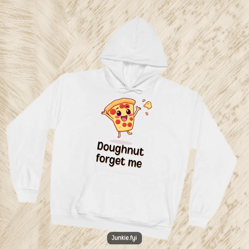 Comfortable funny pizza slice hoodie depicting a character doing a cartwheel with flying cheese, for cheesy warmth.