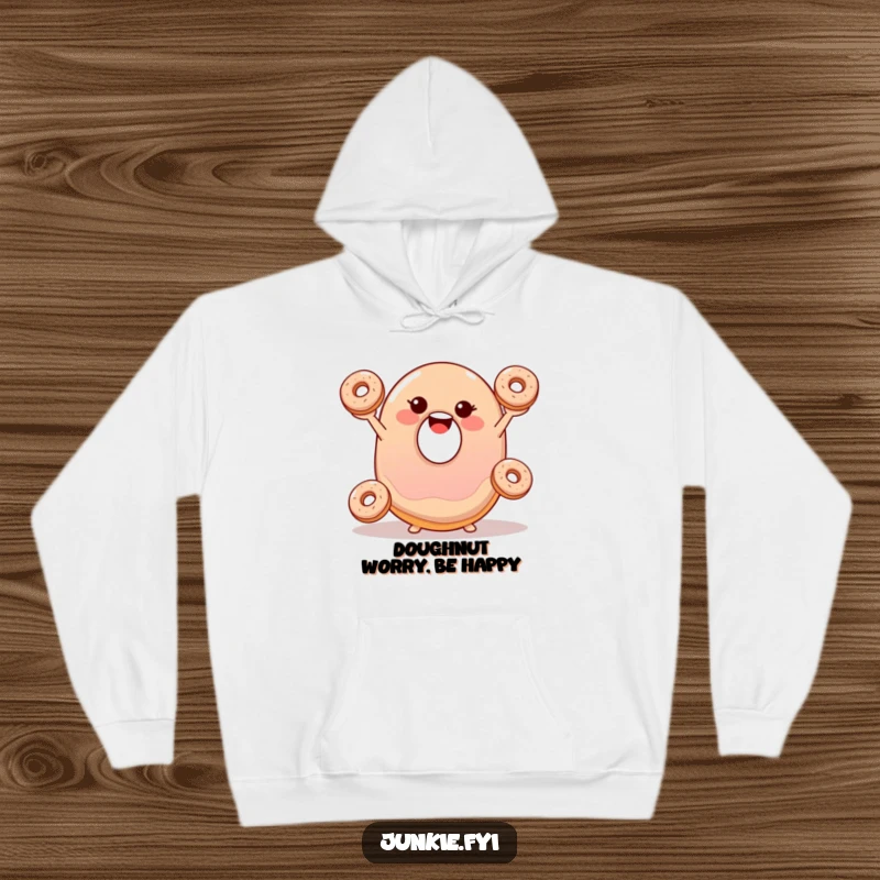 Funny hoodie with a smiling, wobbly jelly donut happily juggling three tiny donuts, perfect for cozy laughs.