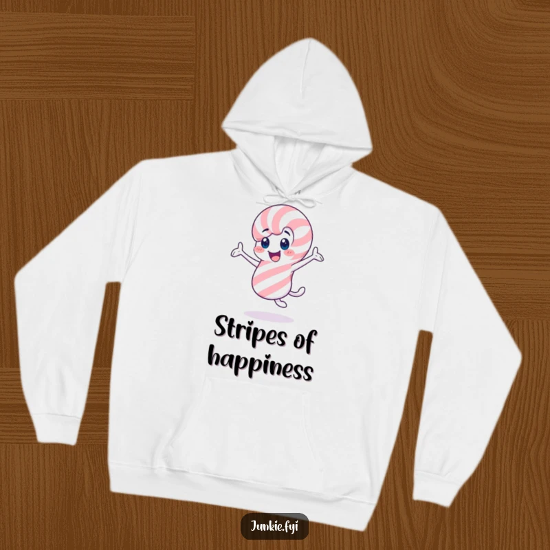 Funny candy cane hoodie, a cheerful character twirling enthusiastically, cozy and full of holiday cheer.