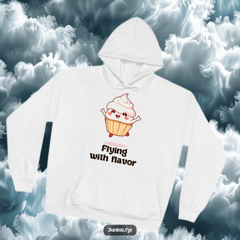 Funny cupcake hoodie, a delighted character mid-leap with frosting flying, cozy and full of sweet charm.