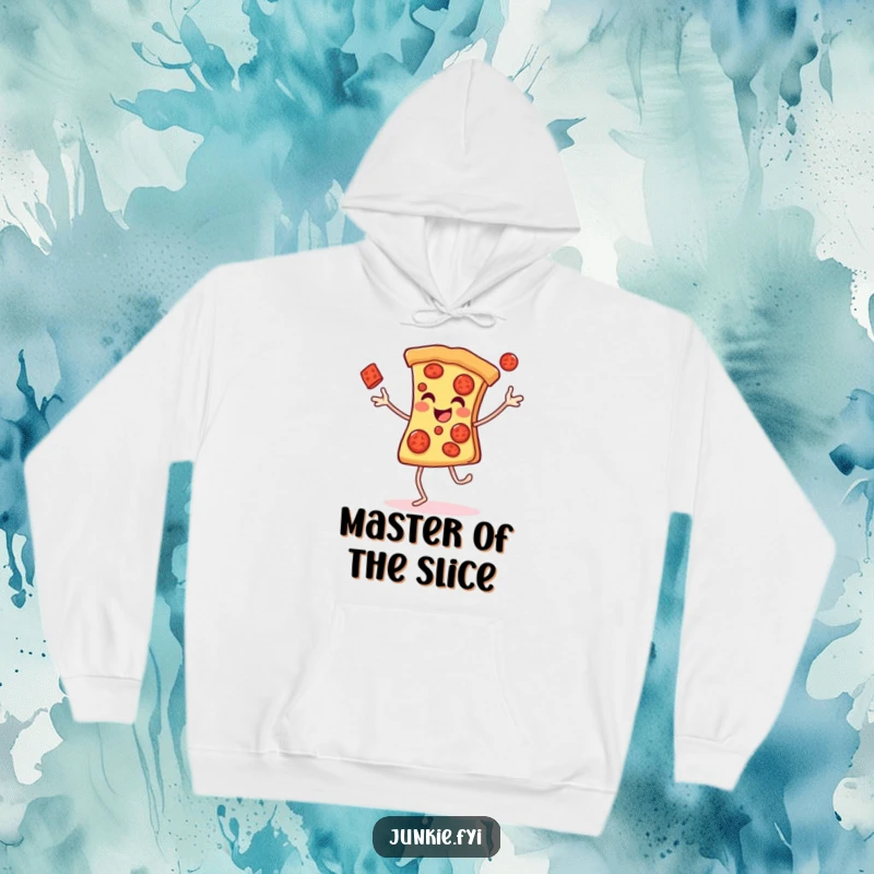 Funny Hoodie depicting a cheerful pizza slice with legs gleefully juggling pepperonis, offering warmth and endless smiles.