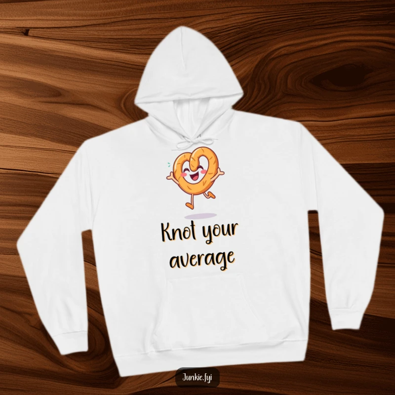 Funny pretzel hoodie, a smiling character joyfully jumping with a sprinkle of salt, cozy and full of snack charm.