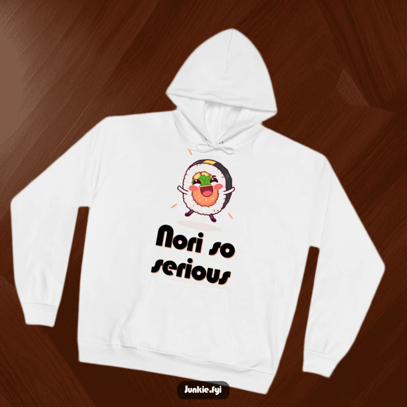 Funny sushi roll hoodie, caught mid-cartwheel with a gleeful expression and a detached nori strip, perfect for food lovers.