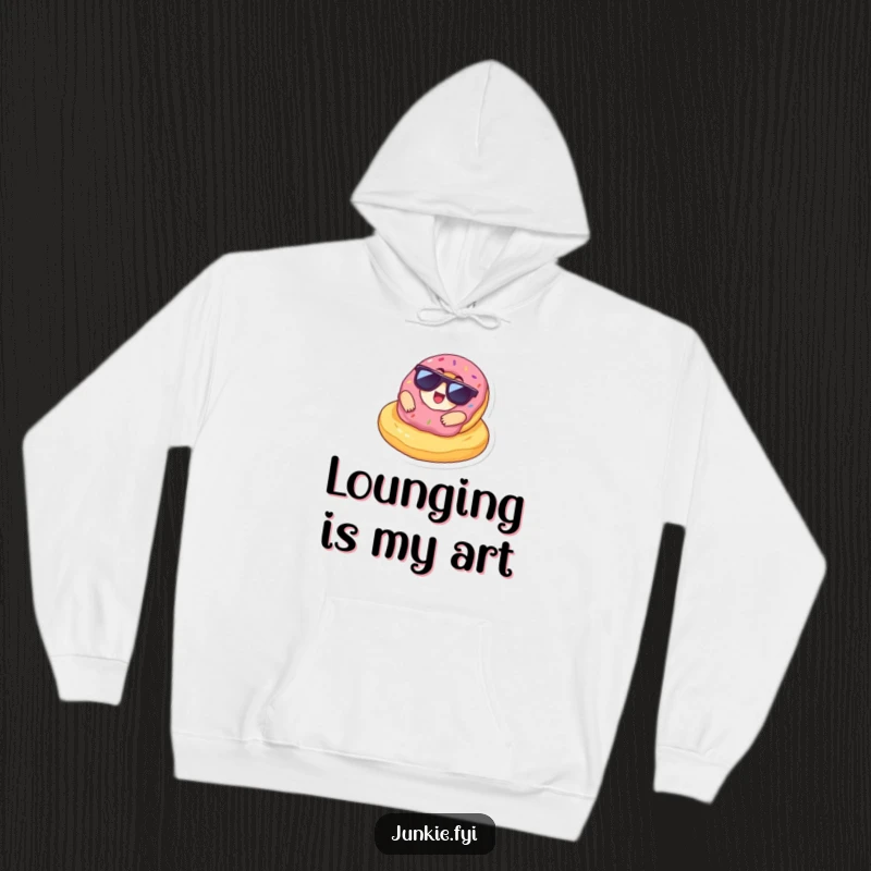 Funny Hoodie with a delighted donut in sunglasses lounging on a giant chip, offering cozy comfort and a vibe of ultimate chill.