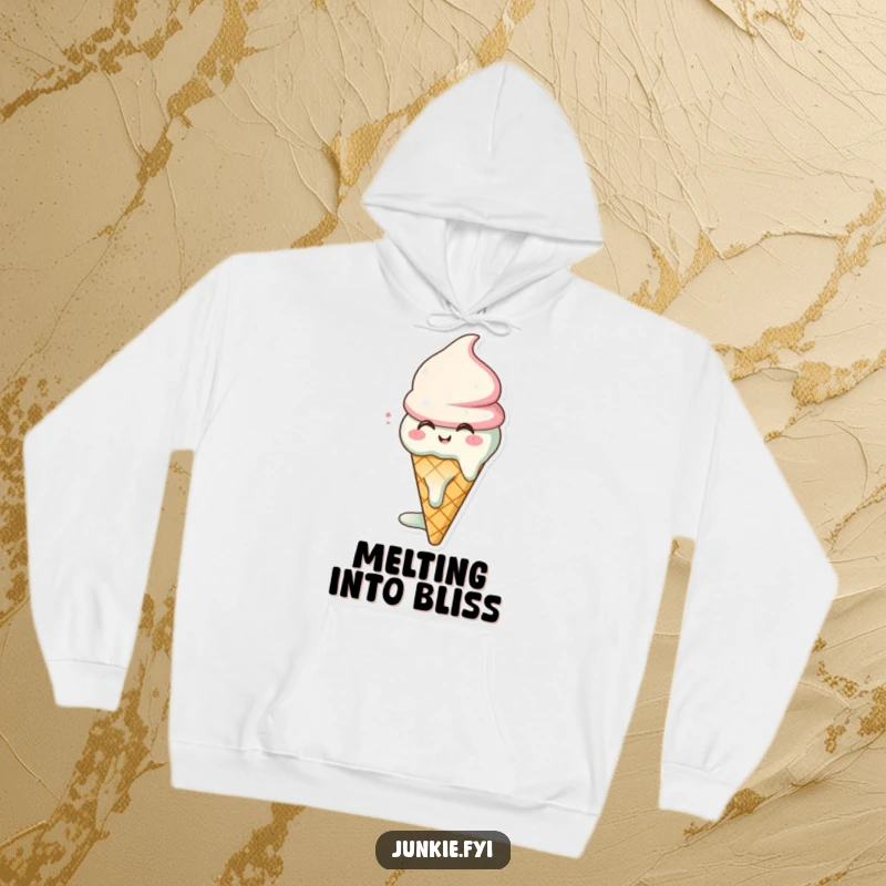 Funny ice cream cone hoodie character, melting blissfully, sighing happily, offering warmth and humor.