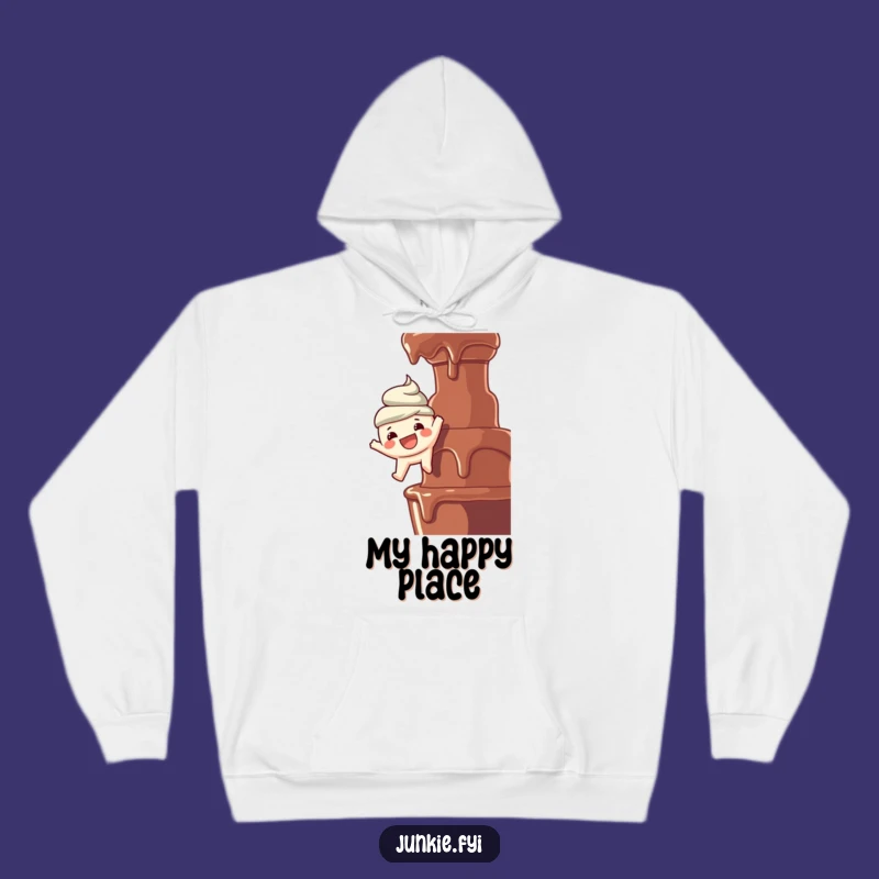 Cozy Funny Hoodie: Foodie Dangles Over Chocolate Fountain, Warm & Hilarious Gift!