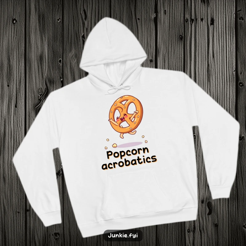 Funny hoodie featuring a thrilled pretzel executing a spectacular cartwheel made entirely out of light and airy popcorn kernels.