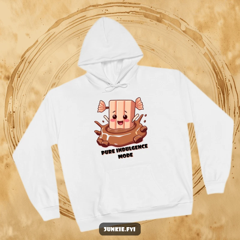 A happy candy bar plunges into a rich chocolate pool, bringing sweet, funny vibes to this cozy hoodie.