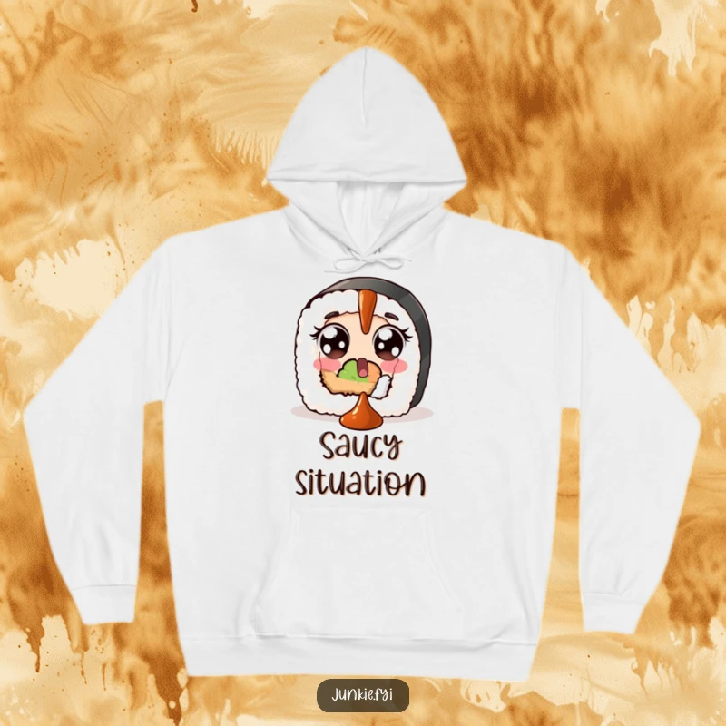 Funny hoodie featuring a surprised sushi roll with wide, startled eyes, bracing for impact from a falling drop of soy sauce.