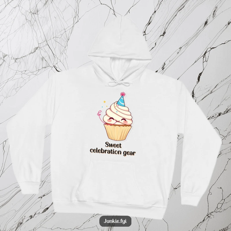 Funny hoodie with a delighted cupcake character wearing a party hat and blowing a streamer, designed for cozy celebrations.