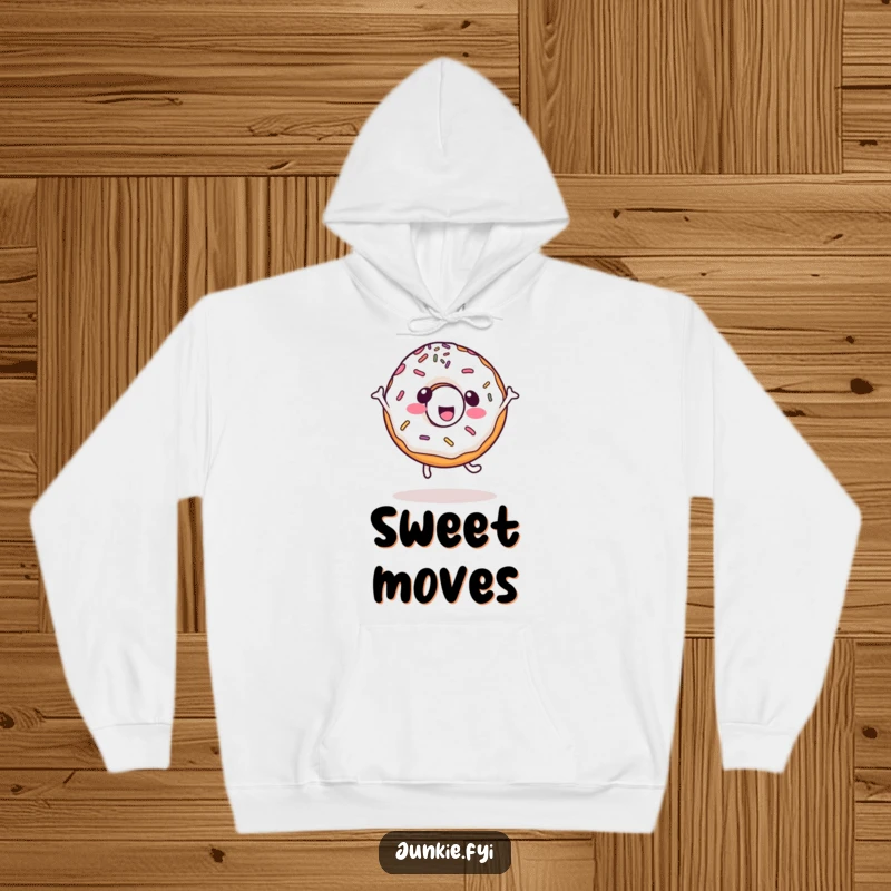Funny kawaii hoodie featuring a happy donut character with sprinkles doing a cartwheel, offering cozy sweetness and charm.