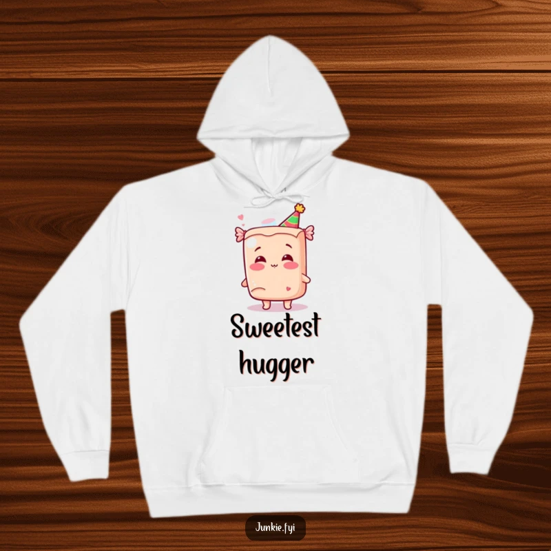 Funny Kawaii Candy Hoodie: A giggling anthropomorphic candy bar in a party hat blows a kiss, adding funny warmth and sweetness.