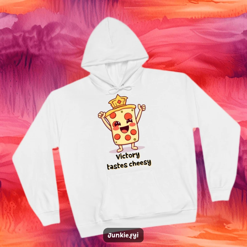 Funny Hoodie showcasing an ecstatic pizza slice character raising a pepperoni like a trophy, a symbol of delicious victory and warmth.
